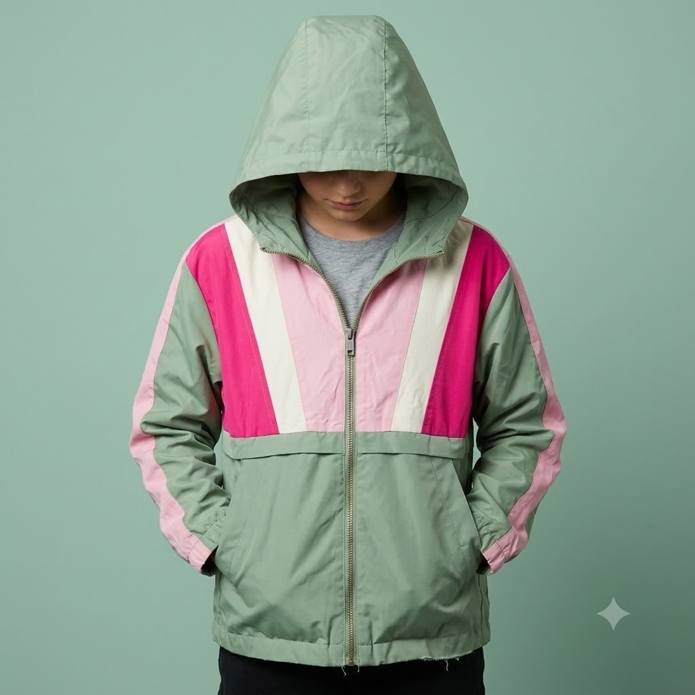 Gymboree Windbreaker Jacket Girls XL 14 Green Pink Hooded Zip Colorblock